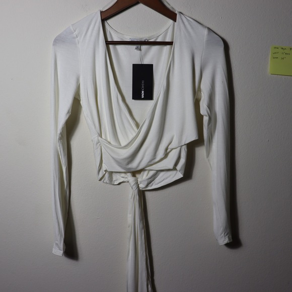 Fashion Nova Tops - Fashion Nova Crossing Paths Top Ivory Wrap Tie Front Long Sleeve V-Neck T10561